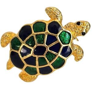 Vintage Turtle Brooch Blue Green Enameled Shell Sea Life Beach Ocean Tortoise